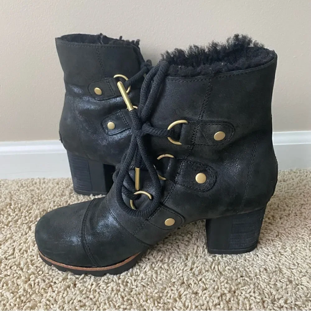 Sorel Addington Chelsea Lace Up Boots Black Leather Lux Holiday Shearling 8.5